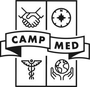 Black and white CampMed logo. Top left: image of a handshake. Top right: image of a compass. Banner across the middle with the words "CampMed". Bottom left : image of a caduceus. Bottom right: image of world globe held by two hands