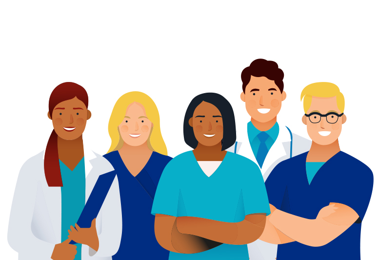 illustration of a variety of doctors in blue and white clothing and various skin tones